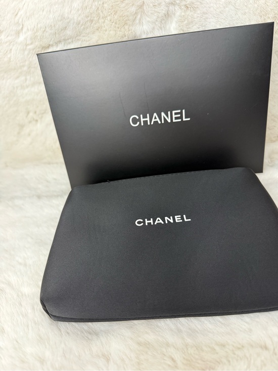 CHANEL Accessories - CHANEL Black Leather Accessories Pouch with White Logo
